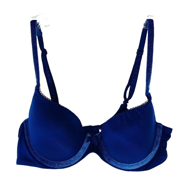 Victorias Secret Body By Victoria Blue Lined Demi Bra Sz 34B Velour Trim Glitter - Picture 11 of 11